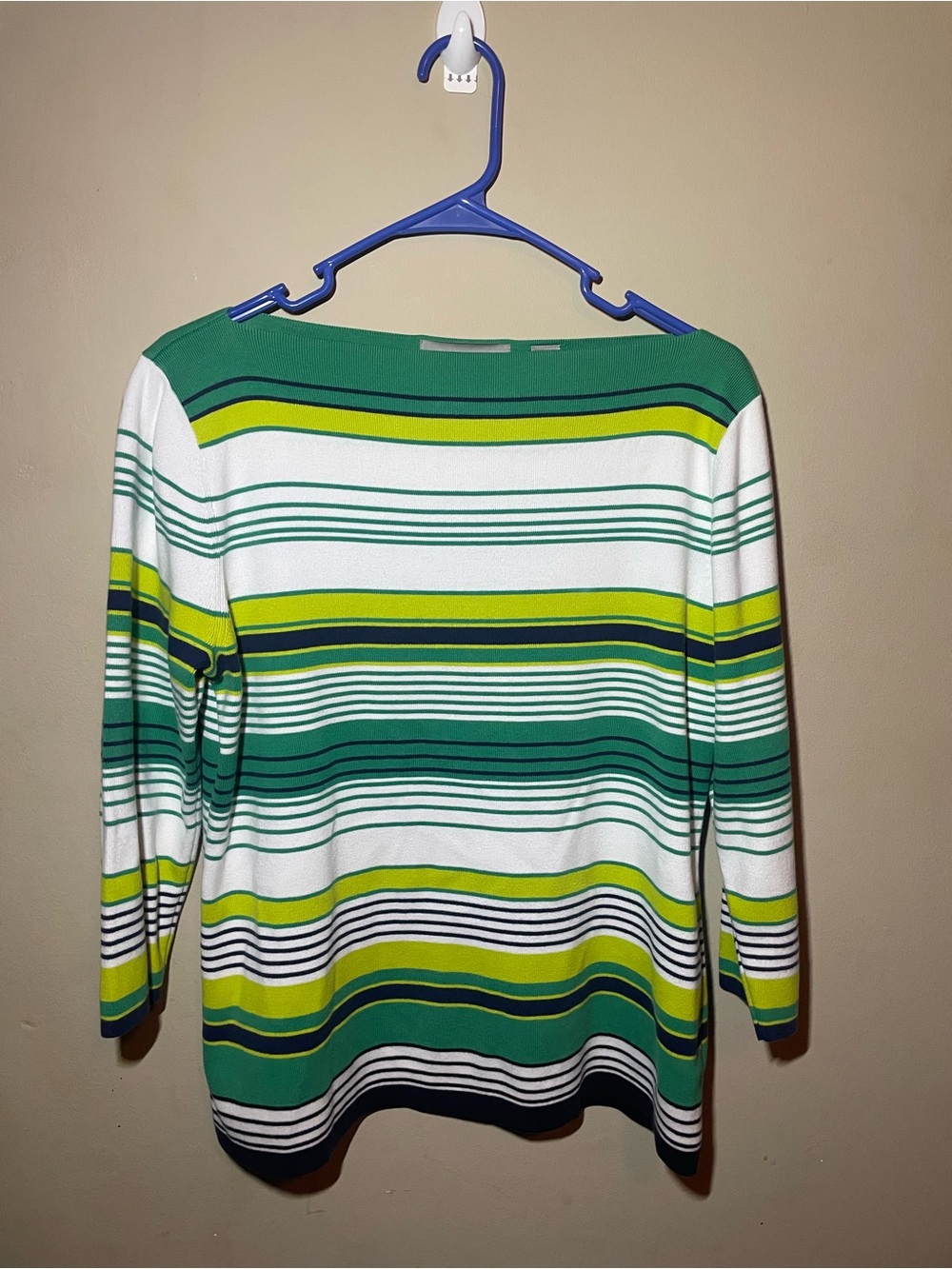 Liz Claiborne Green Striped Sweater Top Women’s Boat Neck 3/4 Sleeve Lightweight